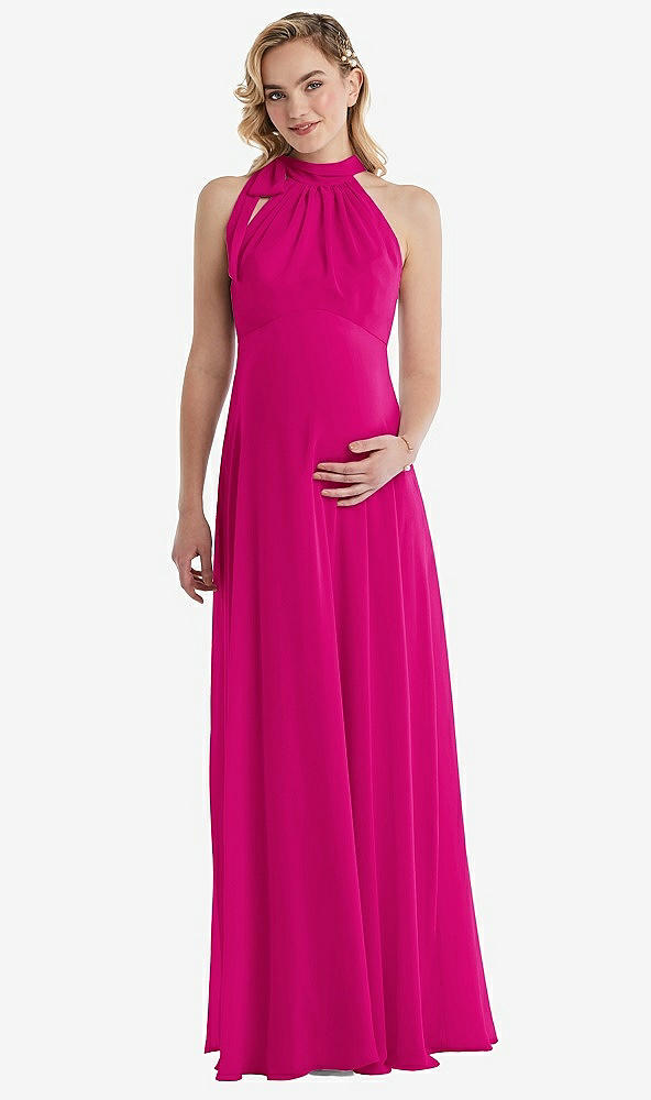 Front View - Think Pink Scarf Tie High Neck Halter Chiffon Maternity Dress