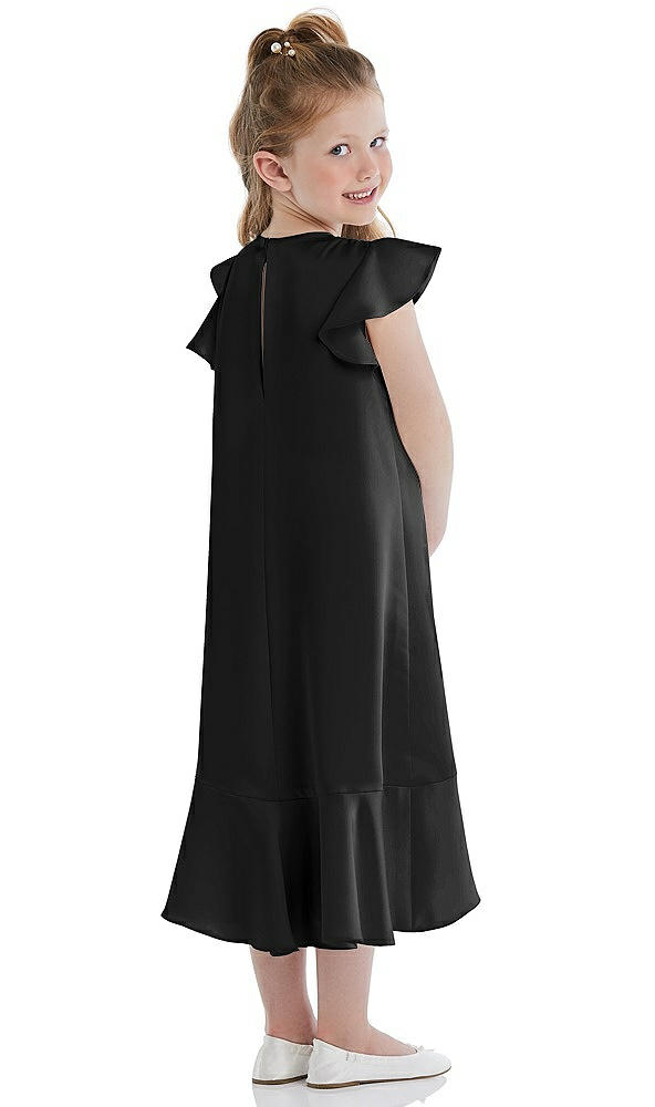 Back View - Black Flutter Sleeve Ruffle-Hem Satin Flower Girl Dress