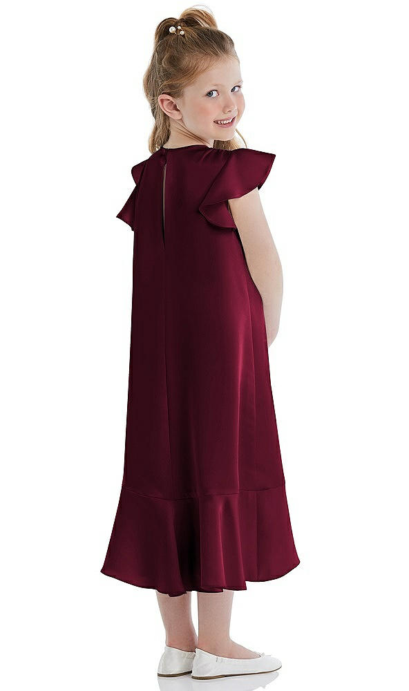 Back View - Cabernet Flutter Sleeve Ruffle-Hem Satin Flower Girl Dress