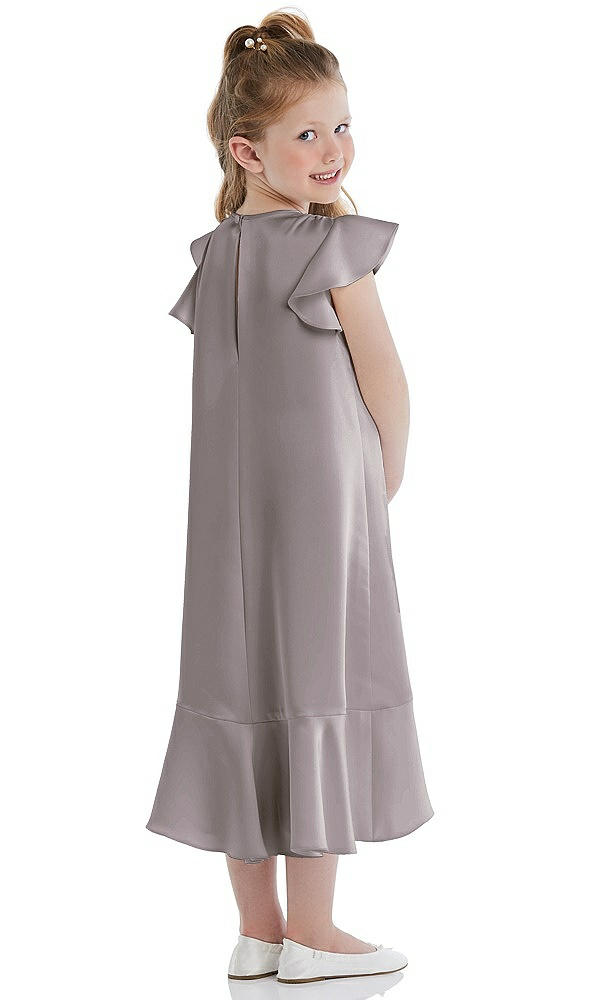 Back View - Cashmere Gray Flutter Sleeve Ruffle-Hem Satin Flower Girl Dress