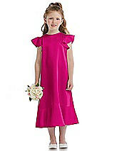 Front View Thumbnail - Think Pink Flutter Sleeve Ruffle-Hem Satin Flower Girl Dress