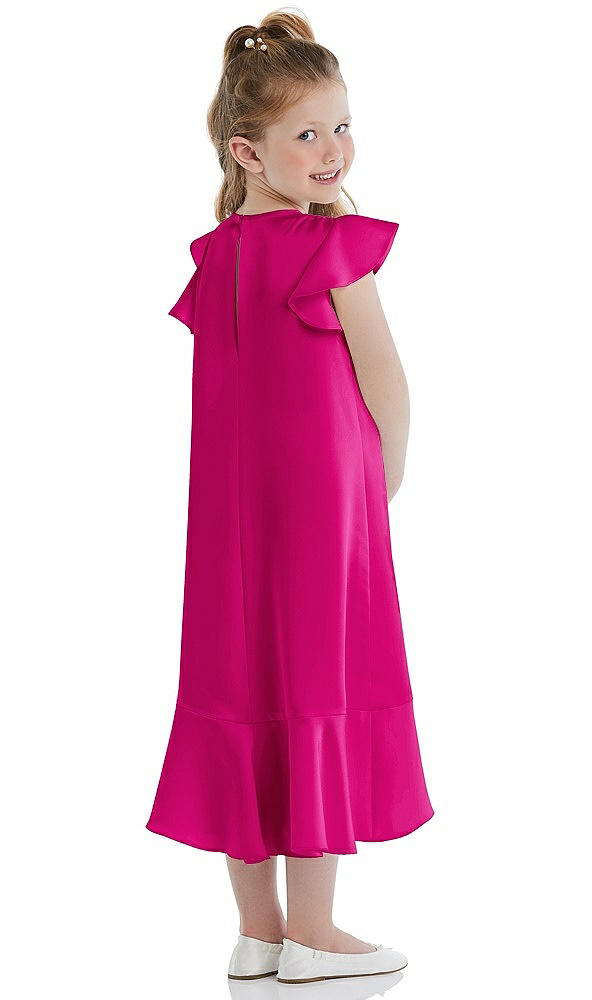 Back View - Think Pink Flutter Sleeve Ruffle-Hem Satin Flower Girl Dress