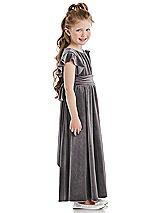 Side View Thumbnail - Caviar Gray Ruched Flutter Sleeve Velvet Flower Girl Dress with Sash