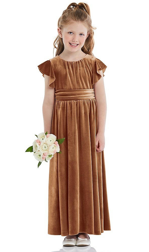 Front View - Golden Almond Ruched Flutter Sleeve Velvet Flower Girl Dress with Sash