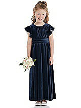 Front View Thumbnail - Midnight Navy Ruched Flutter Sleeve Velvet Flower Girl Dress with Sash