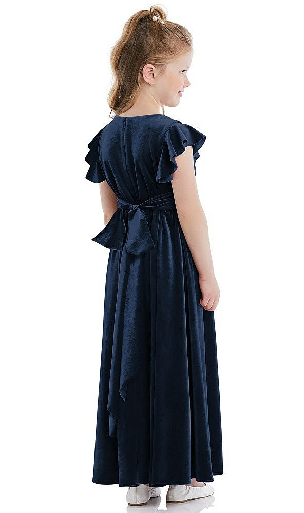 Back View - Midnight Navy Ruched Flutter Sleeve Velvet Flower Girl Dress with Sash