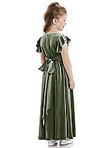 Rear View Thumbnail - Sage Ruched Flutter Sleeve Velvet Flower Girl Dress with Sash