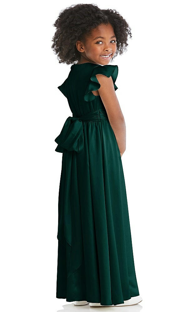 Back View - Evergreen Ruffle Flutter Sleeve Whisper Satin Flower Girl Dress