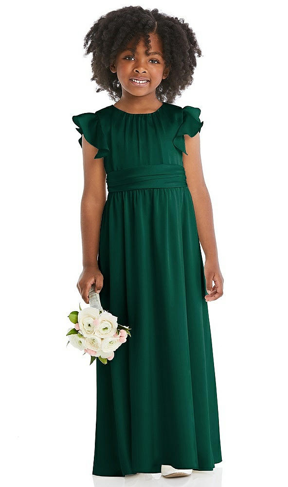 Front View - Hunter Green Ruffle Flutter Sleeve Whisper Satin Flower Girl Dress