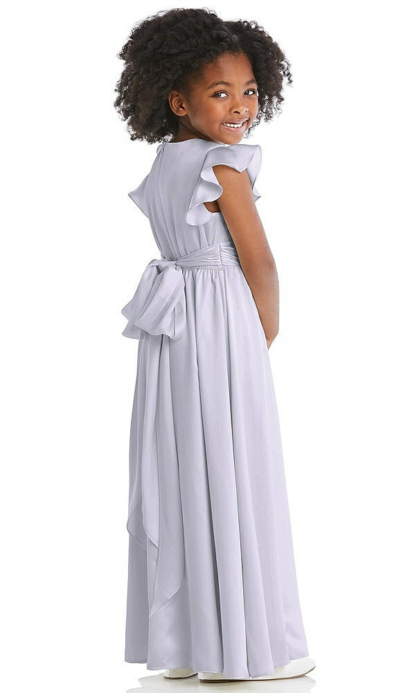 Back View - Silver Dove Ruffle Flutter Sleeve Whisper Satin Flower Girl Dress