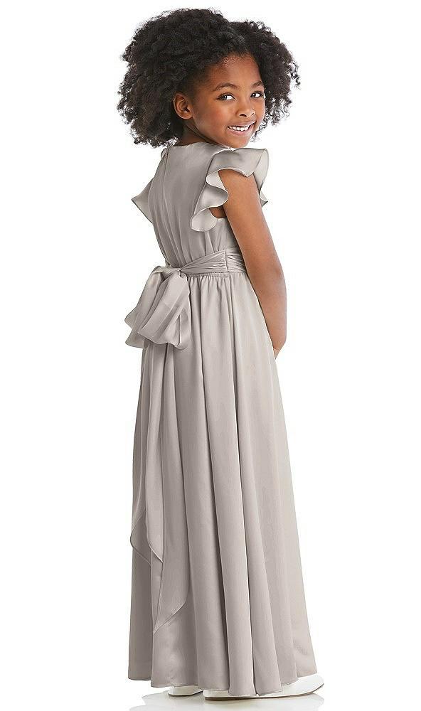 Back View - Taupe Ruffle Flutter Sleeve Whisper Satin Flower Girl Dress