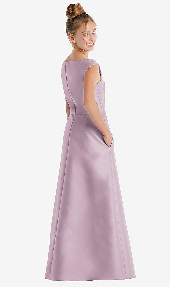 Back View - Suede Rose Off-the-Shoulder Draped Wrap Satin Junior Bridesmaid Dress