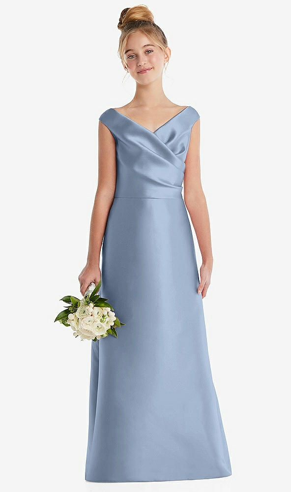 Front View - Cloudy Off-the-Shoulder Draped Wrap Satin Junior Bridesmaid Dress