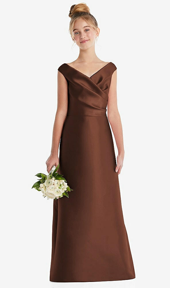 Front View - Cognac Off-the-Shoulder Draped Wrap Satin Junior Bridesmaid Dress