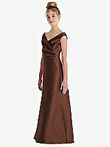 Side View Thumbnail - Cognac Off-the-Shoulder Draped Wrap Satin Junior Bridesmaid Dress