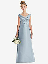 Front View Thumbnail - Mist Off-the-Shoulder Draped Wrap Satin Junior Bridesmaid Dress