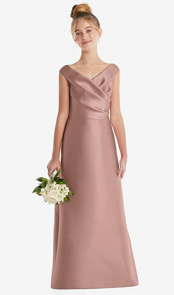 Front View - Neu Nude Off-the-Shoulder Draped Wrap Satin Junior Bridesmaid Dress