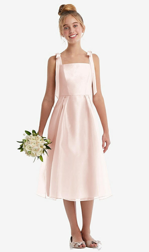 Front View - Blush Tie Shoulder Pleated Full Skirt Junior Bridesmaid Dress