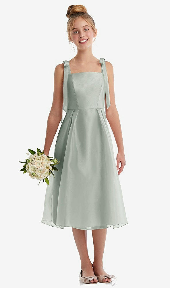Front View - Willow Green Tie Shoulder Pleated Full Skirt Junior Bridesmaid Dress