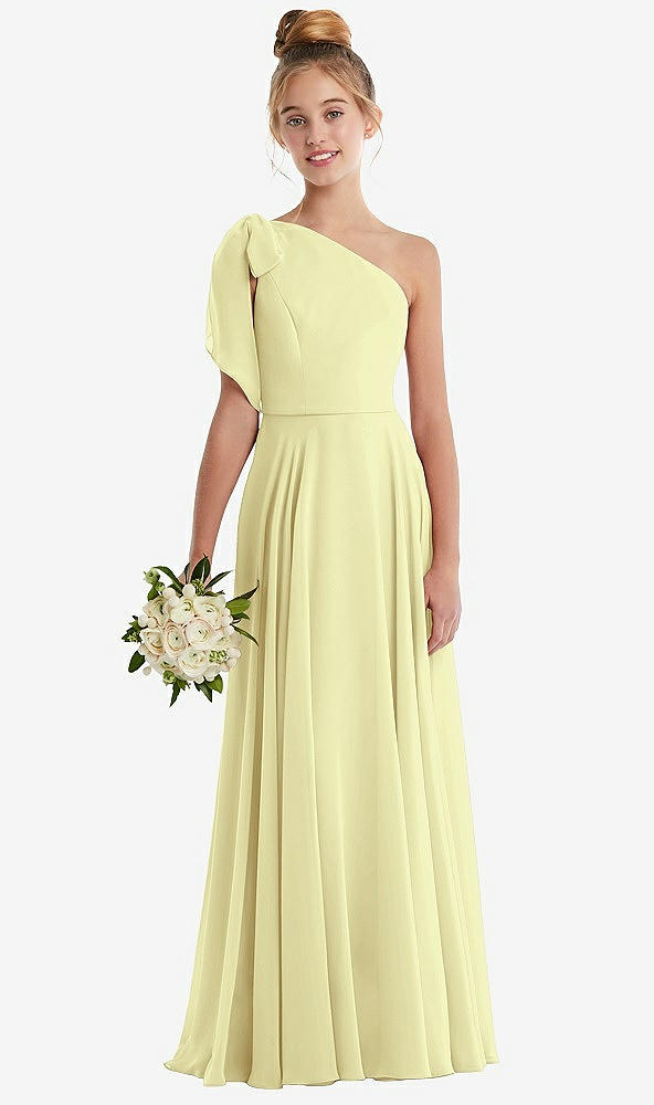 Front View - Butter Yellow One-Shoulder Scarf Bow Chiffon Junior Bridesmaid Dress