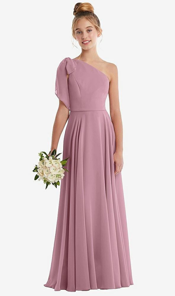 Front View - Dusty Pink One-Shoulder Scarf Bow Chiffon Junior Bridesmaid Dress