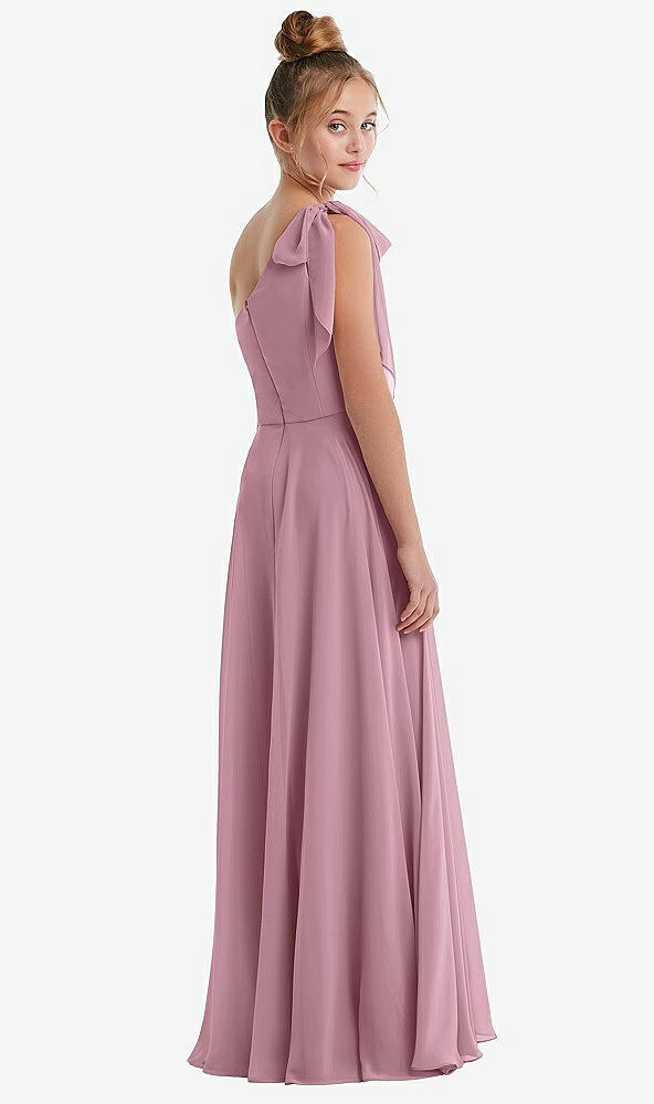 Back View - Dusty Pink One-Shoulder Scarf Bow Chiffon Junior Bridesmaid Dress