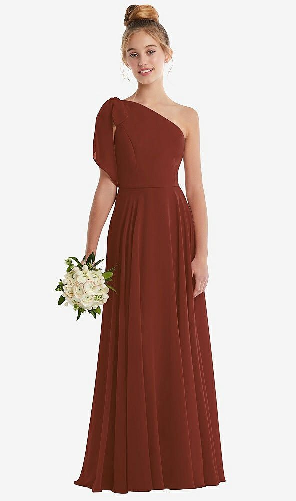 Front View - Auburn Moon One-Shoulder Scarf Bow Chiffon Junior Bridesmaid Dress