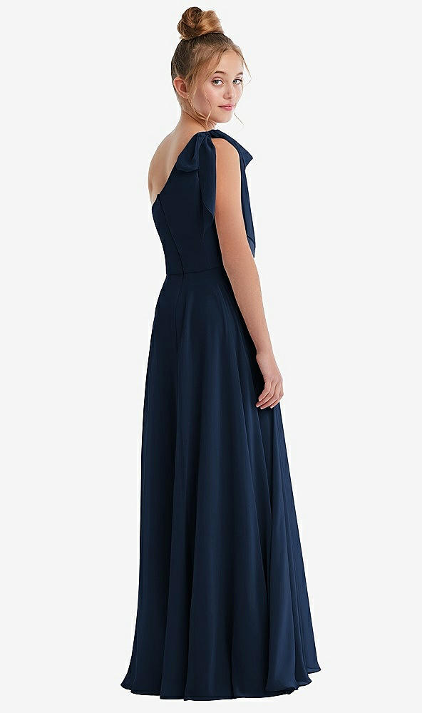 Back View - Midnight Navy One-Shoulder Scarf Bow Chiffon Junior Bridesmaid Dress