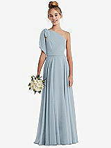 Front View Thumbnail - Mist One-Shoulder Scarf Bow Chiffon Junior Bridesmaid Dress