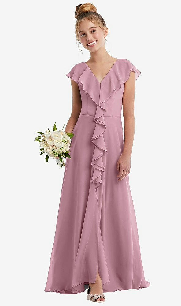 Front View - Dusty Pink Cascading Ruffle Full Skirt Chiffon Junior Bridesmaid Dress