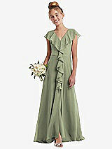 Front View Thumbnail - Sage Cascading Ruffle Full Skirt Chiffon Junior Bridesmaid Dress