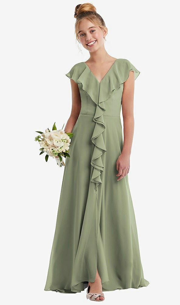 Front View - Sage Cascading Ruffle Full Skirt Chiffon Junior Bridesmaid Dress