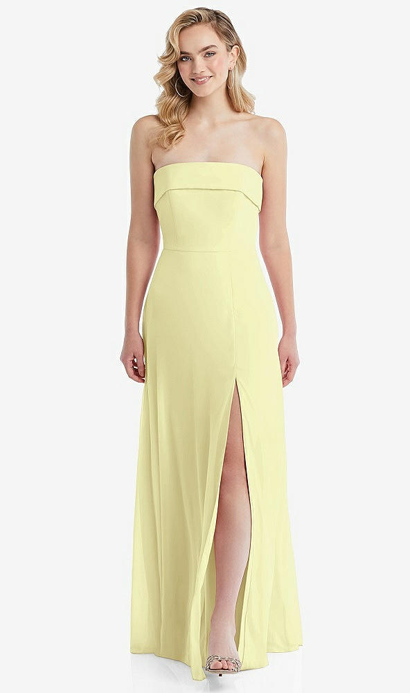 Front View - Butter Yellow Cuffed Strapless Maxi Dress with Front Slit