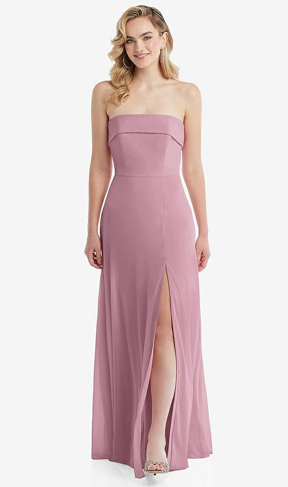 Front View - Dusty Pink Cuffed Strapless Maxi Dress with Front Slit