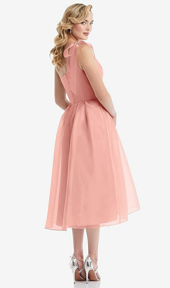 Back View - Apricot Scarf-Tie One-Shoulder Organdy Midi Dress 