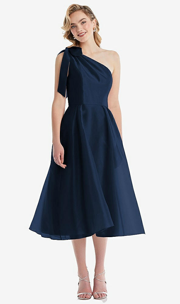 Front View - Midnight Navy Scarf-Tie One-Shoulder Organdy Midi Dress 