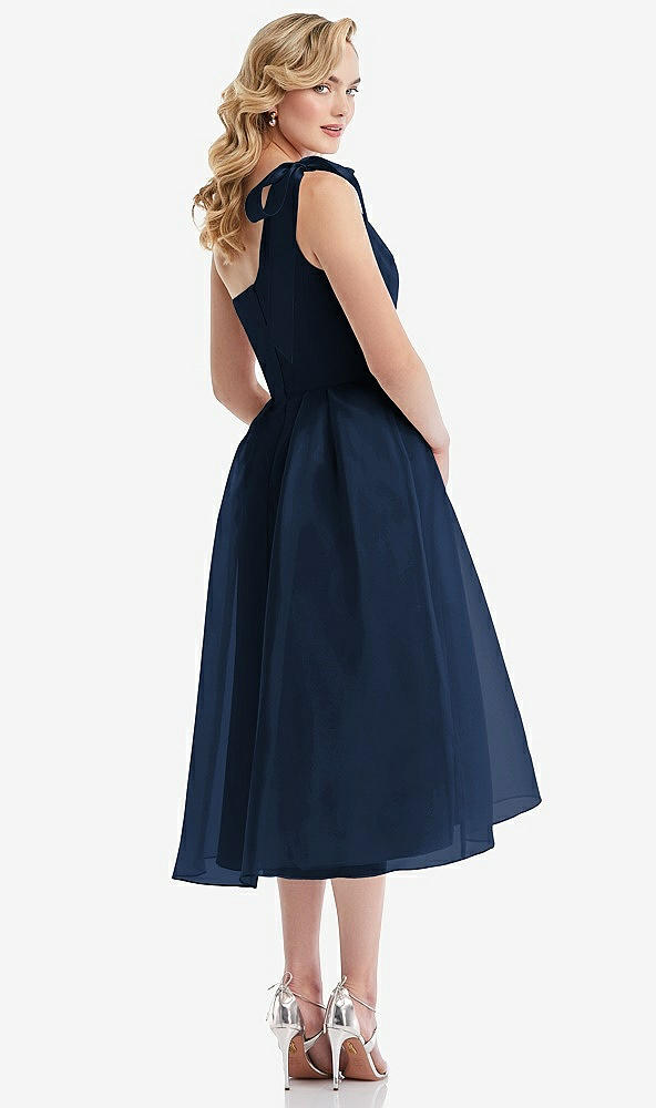 Back View - Midnight Navy Scarf-Tie One-Shoulder Organdy Midi Dress 