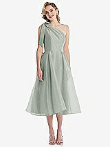 Front View Thumbnail - Willow Green Scarf-Tie One-Shoulder Organdy Midi Dress 
