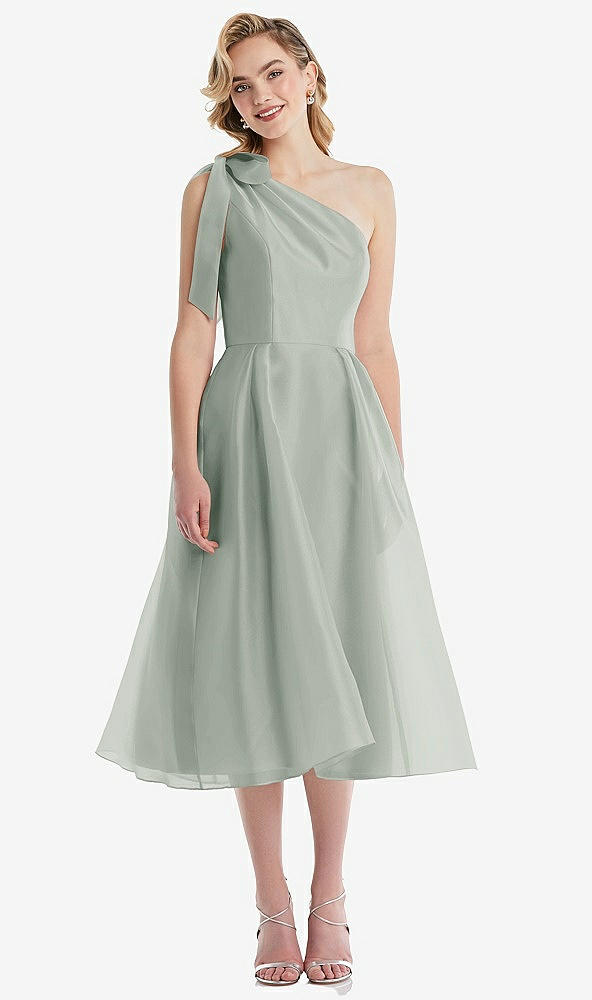 Front View - Willow Green Scarf-Tie One-Shoulder Organdy Midi Dress 