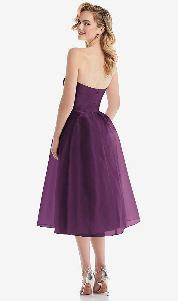 Back View - Aubergine Strapless Pleated Skirt Organdy Midi Dress