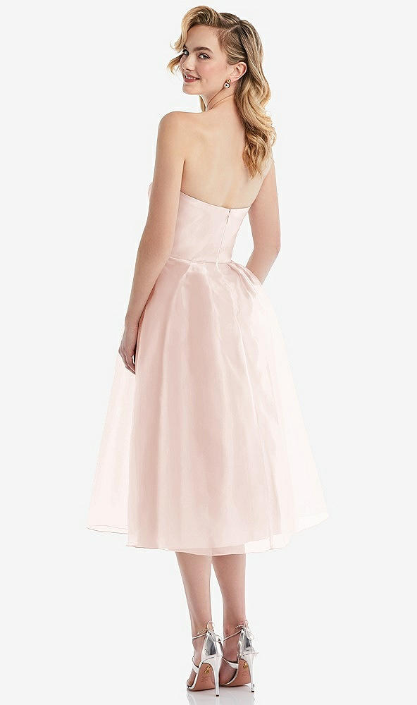 Back View - Blush Strapless Pleated Skirt Organdy Midi Dress