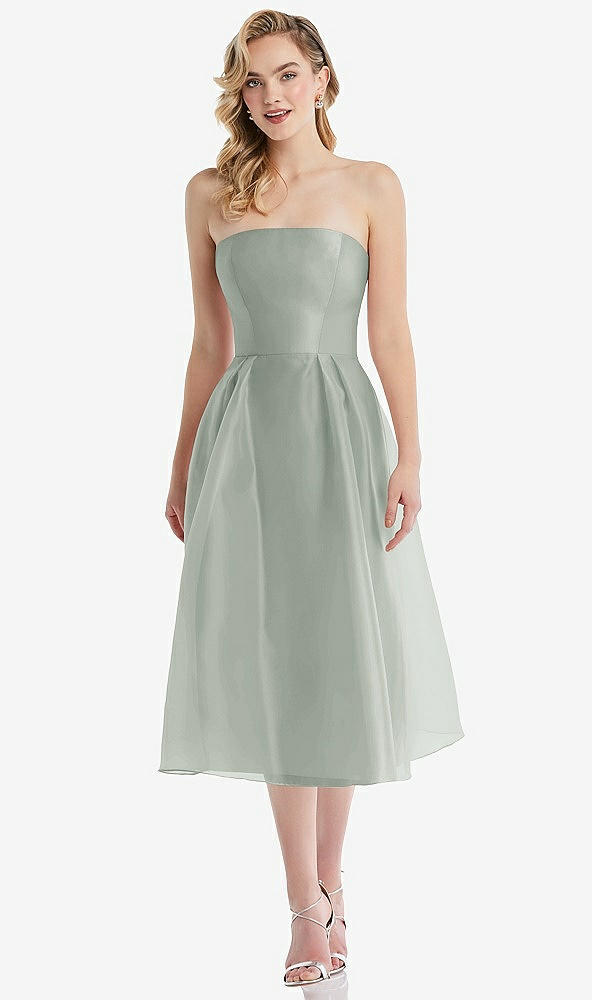 Front View - Willow Green Strapless Pleated Skirt Organdy Midi Dress