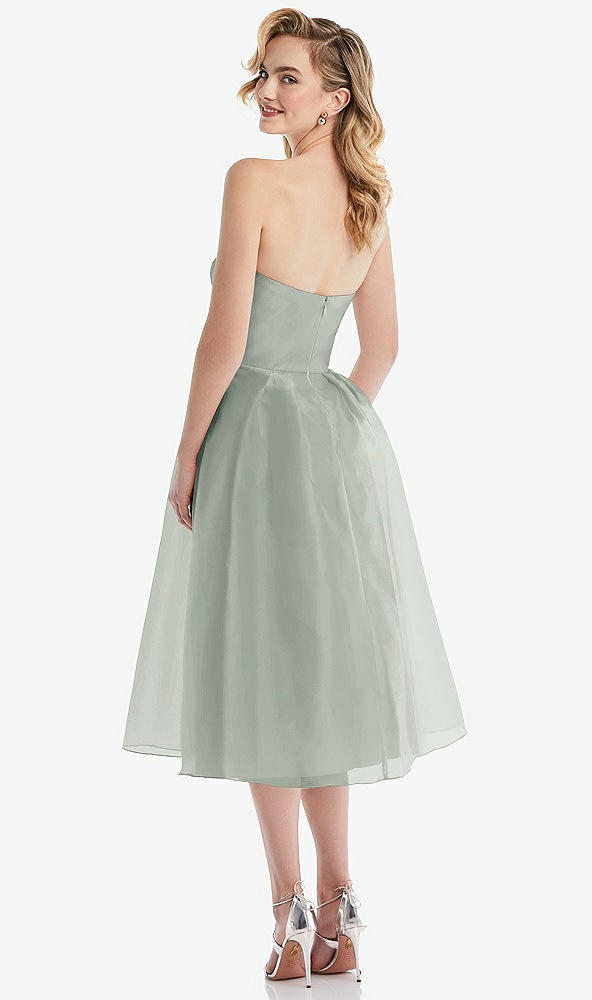 Back View - Willow Green Strapless Pleated Skirt Organdy Midi Dress