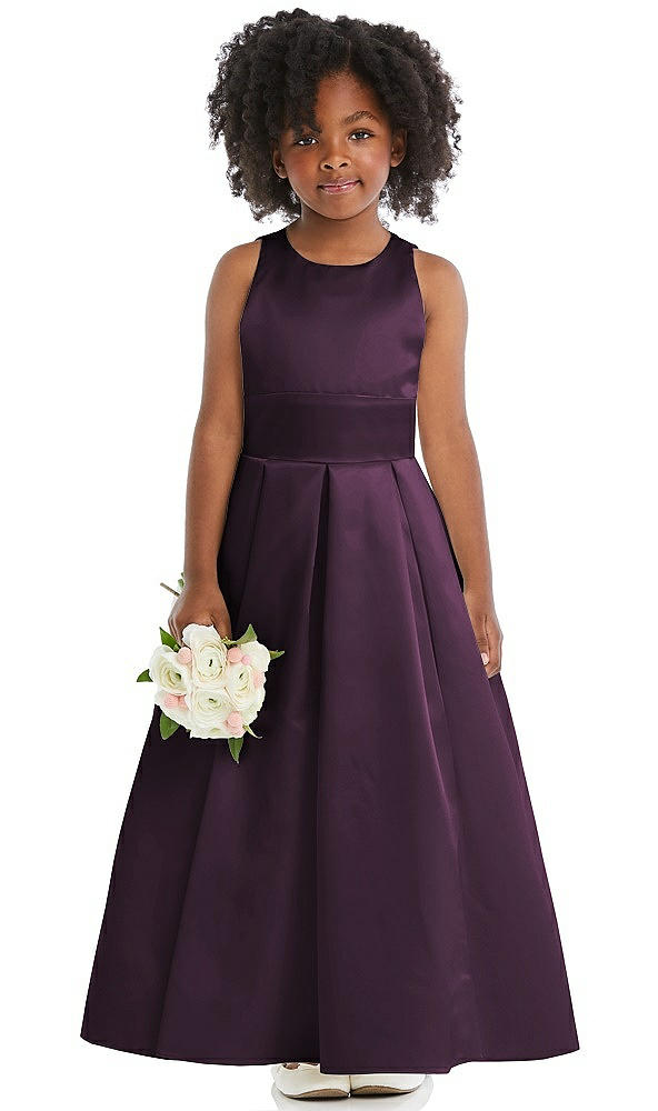 Front View - Aubergine Sleeveless Pleated Skirt Satin Flower Girl Dress