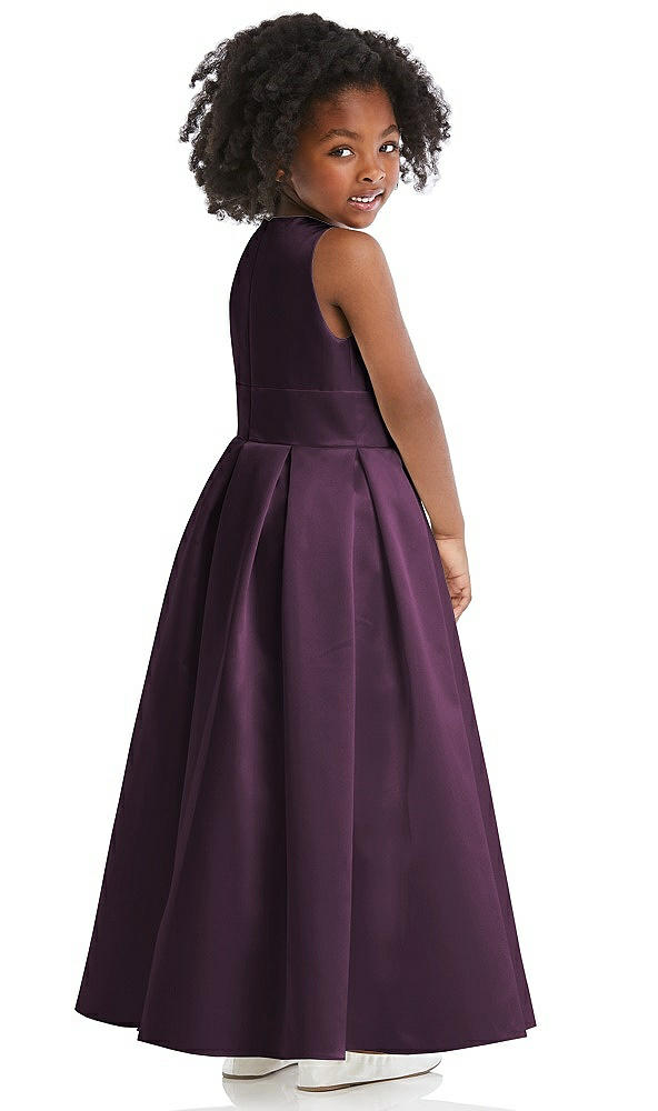 Back View - Aubergine Sleeveless Pleated Skirt Satin Flower Girl Dress