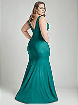 Alt View 4 Thumbnail - Peacock Teal Shirred Shoulder Stretch Satin Mermaid Dress with Slight Train