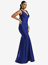 Side View Thumbnail - Cobalt Blue Shirred Shoulder Stretch Satin Mermaid Dress with Slight Train