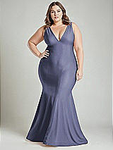 Alt View 2 Thumbnail - French Blue Shirred Shoulder Stretch Satin Mermaid Dress with Slight Train