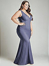 Alt View 3 Thumbnail - French Blue Shirred Shoulder Stretch Satin Mermaid Dress with Slight Train