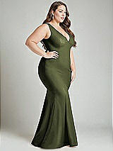 Alt View 3 Thumbnail - Olive Green Shirred Shoulder Stretch Satin Mermaid Dress with Slight Train